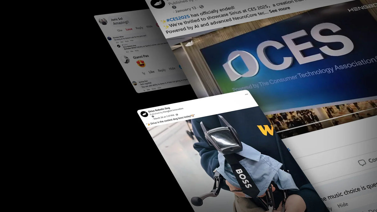Collage of social media posts featuring CES branding and the Hengbot Sirius robot dog.